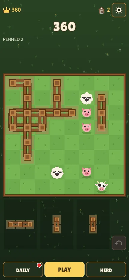 A pasture board with wooden fence pens around cows and sheep, score 360
