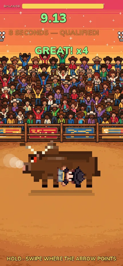 A rider holding on to a bucking bull at 9.13 seconds, with a GREAT x4 streak pop