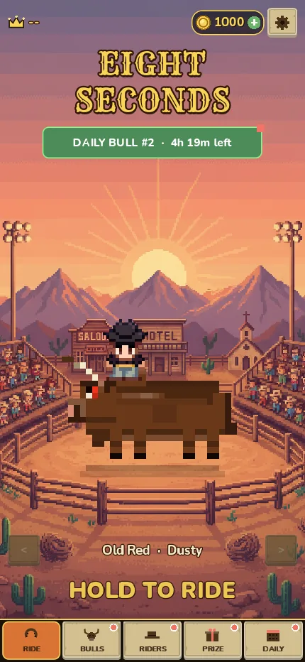 The home screen: a rider on a bull in front of a desert sunset arena