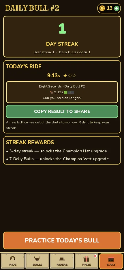 The Daily Bull screen with the day streak and today's ride