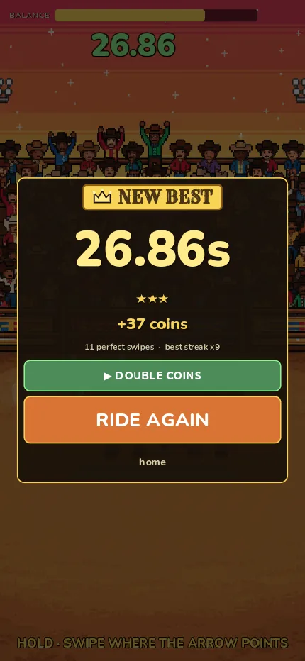A New Best result card: 26.86 seconds and a Ride Again button