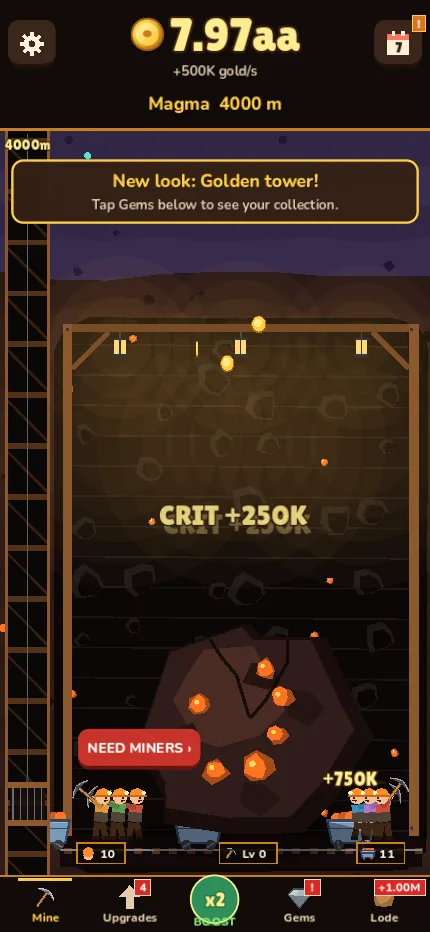 Deep in the magma layer: a critical hit for 250K gold and a golden tower