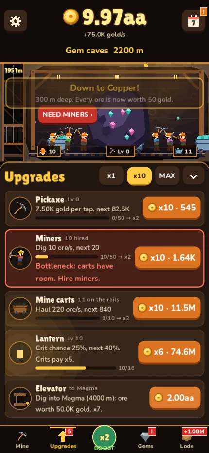 The shaft at the gem caves with the upgrades list for pickaxe, miners and carts