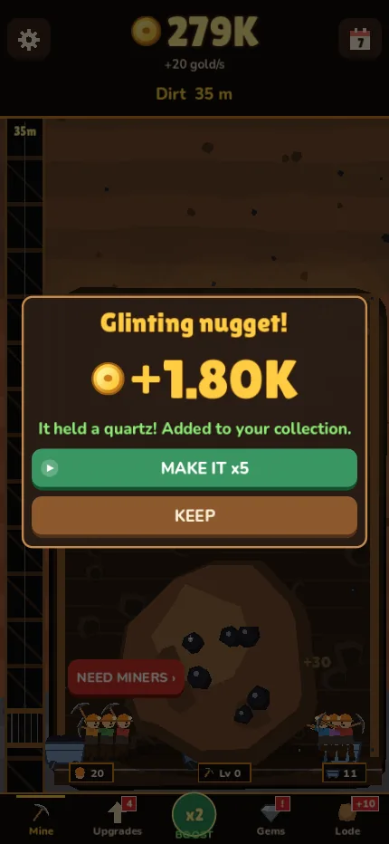 A glinting nugget found: +1.80K and a quartz for the collection
