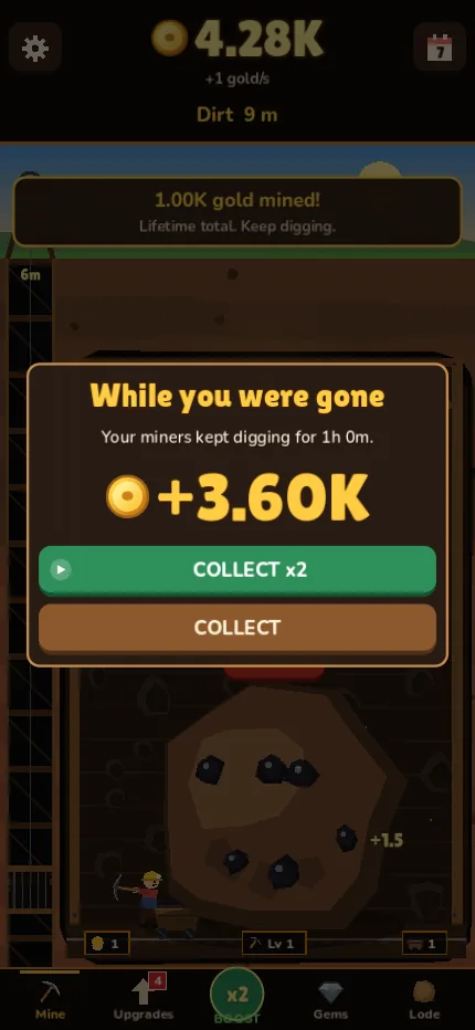 While you were gone: +3.60K gold, with a Collect x2 button