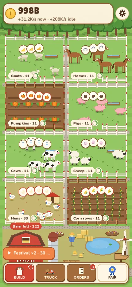 A full ranch: horses, pumpkins, pigs, cows, sheep and corn around the red barn