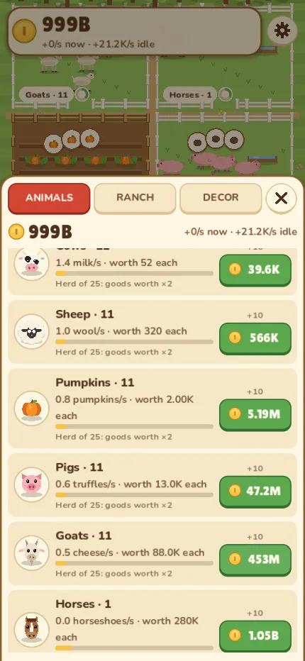 The animals list: hens, corn, cows, sheep, pumpkins, pigs, goats and horses