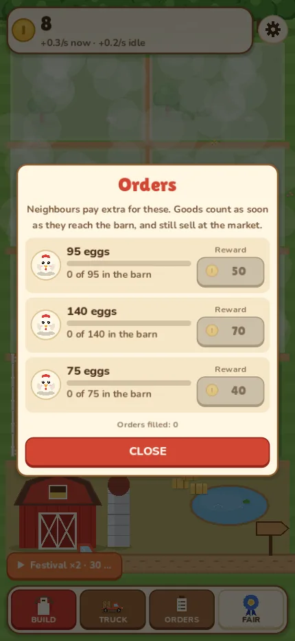 Neighbours' orders for eggs, with coin rewards