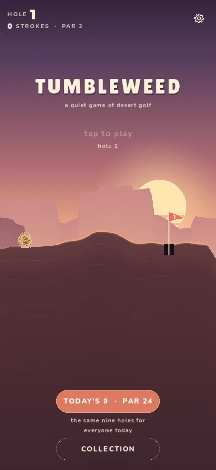 The Tumbleweed title over a desert sunset: a quiet game of desert golf