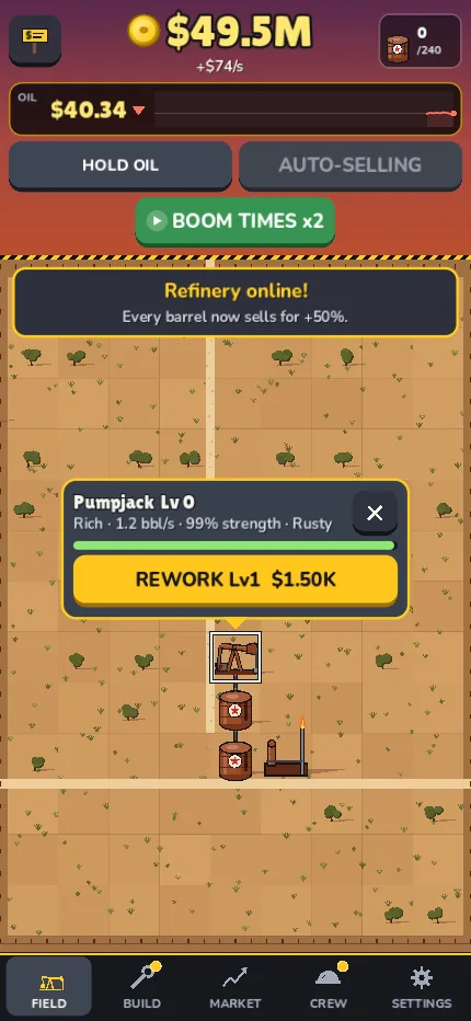 The oil field with a pumpjack, a refinery and the live oil price